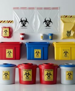 yellow sharps bin with red lid