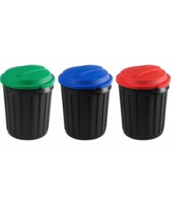 60L Dust Bin - Plastic - Black Bin With Coloured Lids - Set of 3