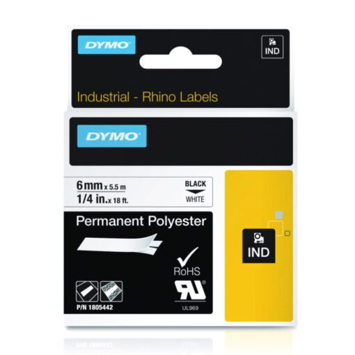 6mm Label Dymo Rhino 6mm x 5.5m Permanent Polyester Label Tape – Black on White ...