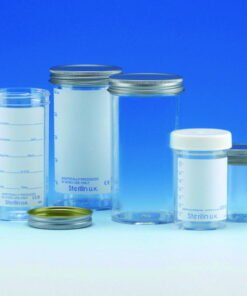 Sample containers 100 ml, PS with metal cap, label plain, sterile AS, pack of 200