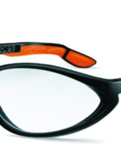Uvex Cybric 9188 Safety Spectacles, Black/Orange Frame, Clear Lens, UV 2-1.2, Optidur 4C Plus