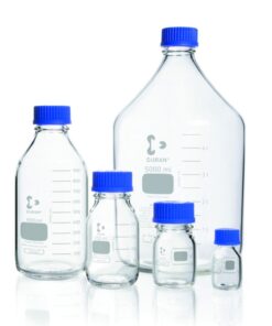 DWK Duran 750 mL Clear Glass Laboratory Bottle with GL45 Thread, Graduated Scale, Cap, and Pouring Ring